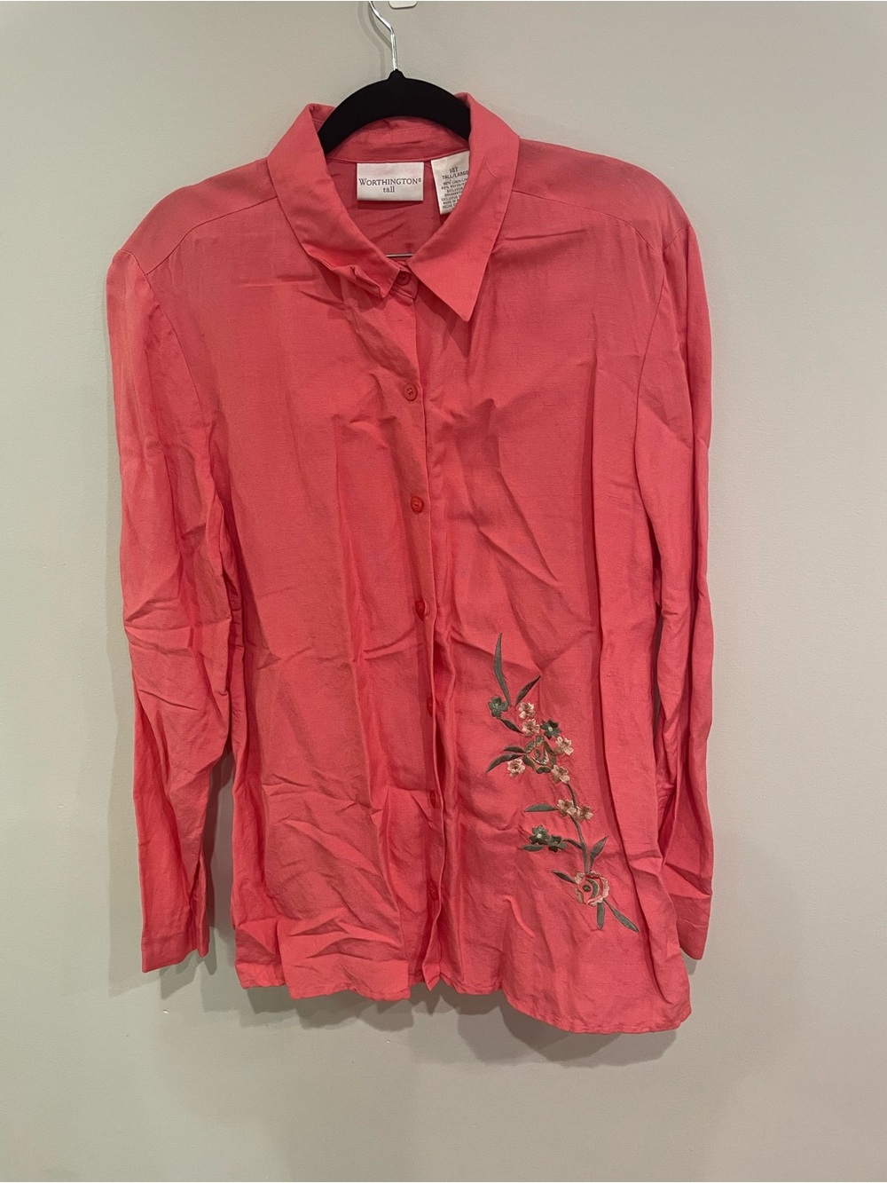 Worthington tall pink womens 14T floral button up long sleeve Linen Button Down